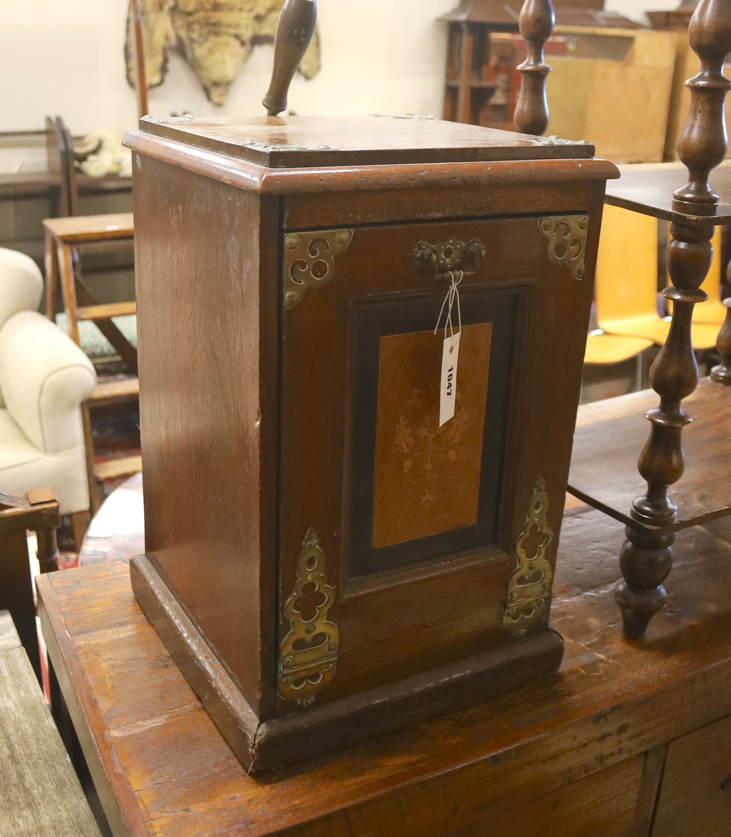 A late Victorian brass mounted inlaid mahogany coal purdonium and scoop, width 32cm, depth 32cm, height 51cm